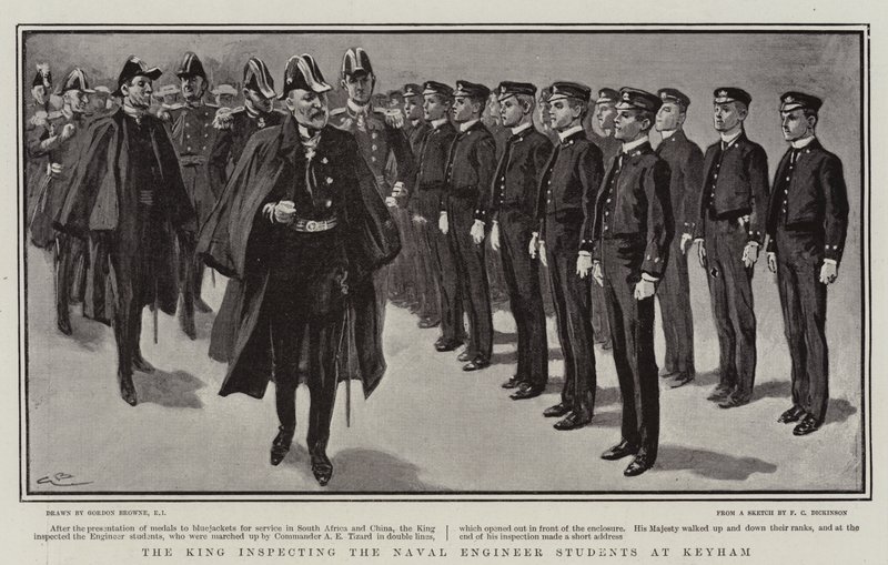 Kuningas tarkastaa merivoimien insinööriopiskelijoita Keyhamissa... tekijältä Gordon Frederick Browne