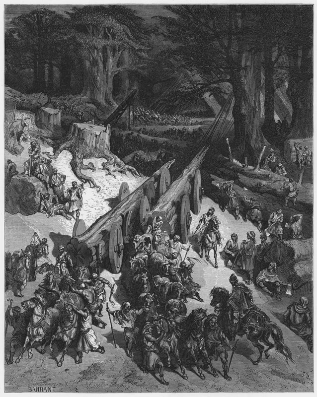 Gustave Dore Raamattu: Setripuiden kaataminen temppelin rakentamista varten tekijältä Gustave Dore