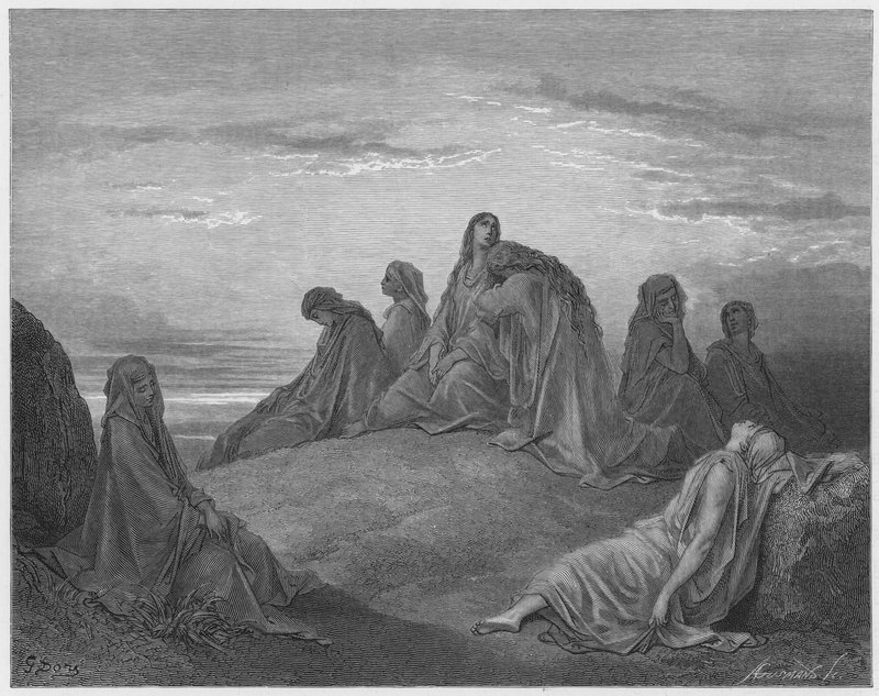 Gustave Dore Raamattu: Israelin tyttäret valittavat Jeftan tytärtä tekijältä Gustave Dore