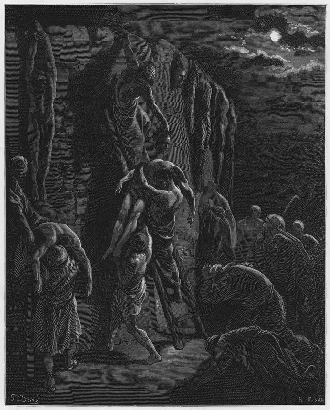 Gustave Dore Raamattu: Jaabes-Gileadin asukkaat löytävät Saulin ja hänen poikiensa ruumiita tekijältä Gustave Dore