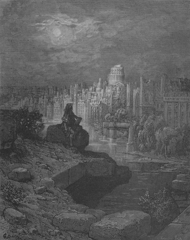 Matkailijat istuvat raunioilla Thamesin rannalla tekijältä Gustave after Dore