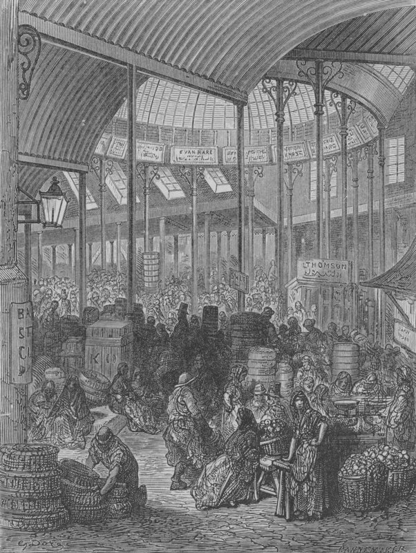 Vihannes- ja hedelmämarkkinat tekijältä Gustave after Dore