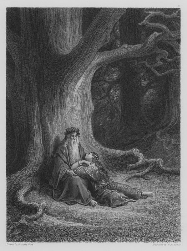 Vivien ja Merlin lepäävät tekijältä Gustave after Dore