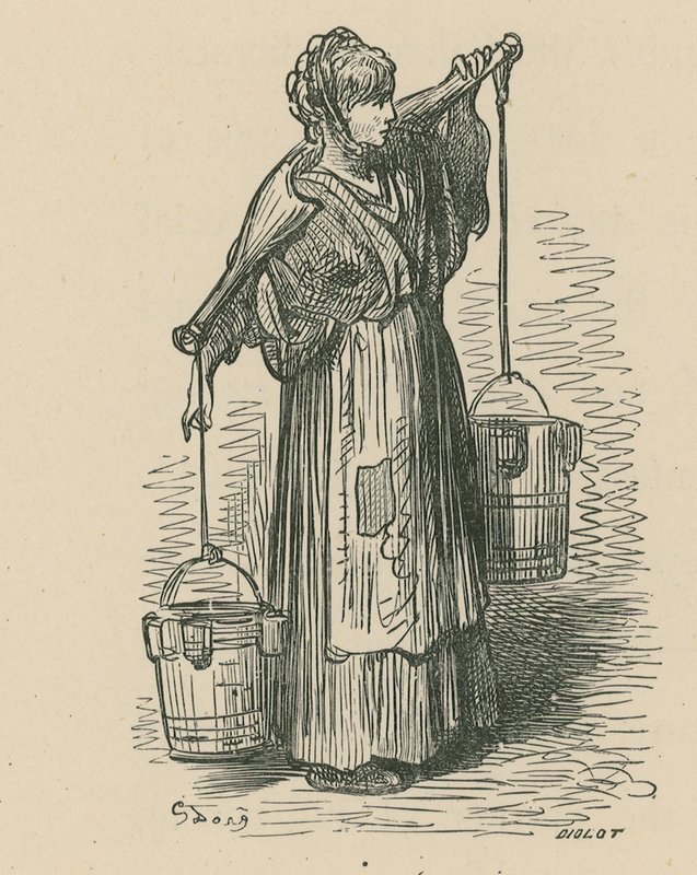 Nainen kantaa kahta ämpäriä tekijältä Gustave Dore