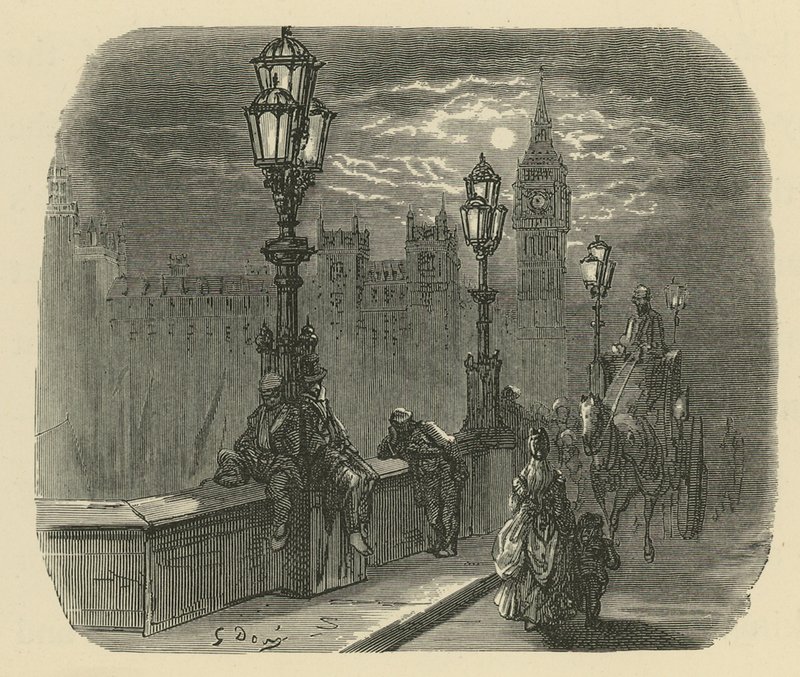 Ihmisiä ja vaunuja Westminster Bridgellä tekijältä Gustave Dore