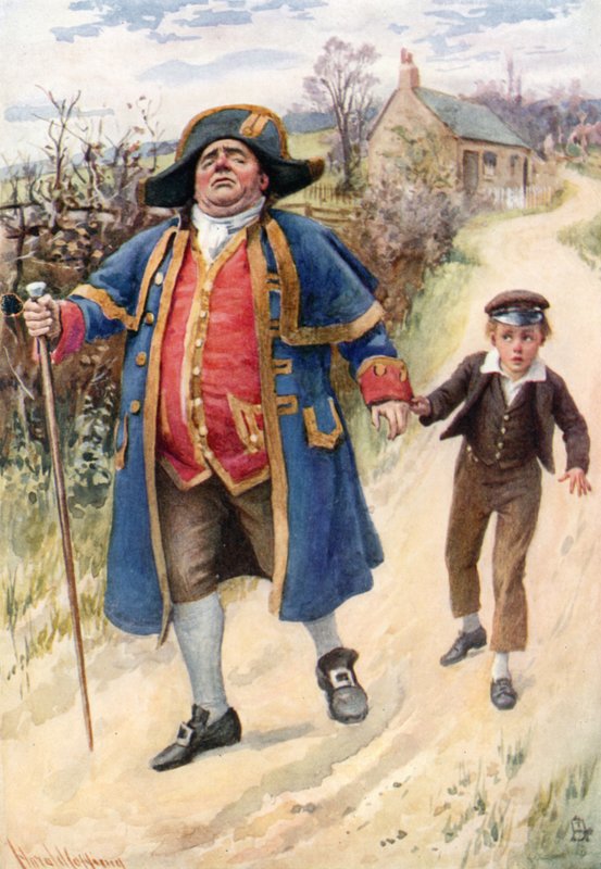 Mr. Bumble ja Oliver Twist (väri litho) tekijältä Harold Copping