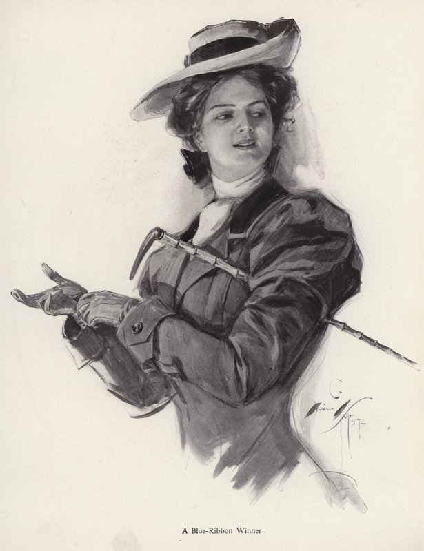 Sinisen nauhan voittaja hevosnainen (litho) tekijältä Harrison Fisher