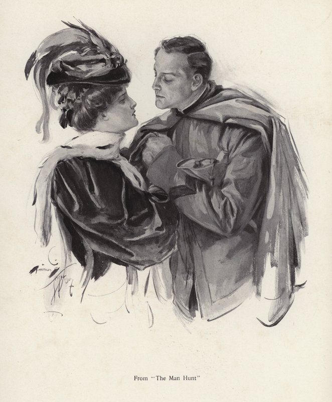 Kohtaus elokuvasta The Man Hunt (litho) tekijältä Harrison Fisher