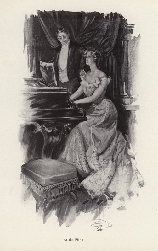 Nainen laulaa pianolla (litho) tekijältä Harrison Fisher