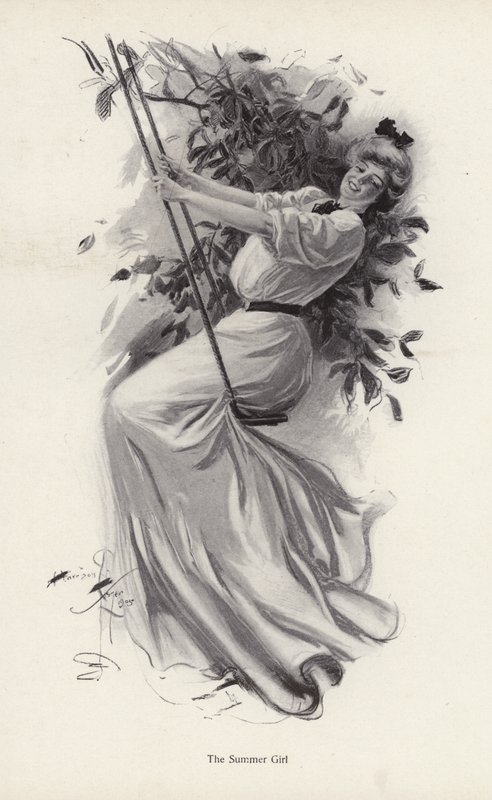 Nuori nainen keinussa (litho) tekijältä Harrison Fisher