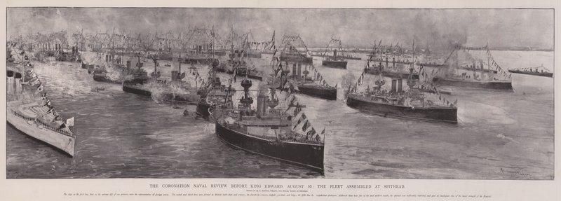 Coronation Naval Review ennen kuningas Edwardia, 16. elokuuta, laivasto kokoontui Spitheadiin tekijältä Henry Charles Seppings Wright