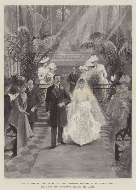 Lord Crewen ja Lady Margaret Primrosen häät Westminster Abbeyssa, morsian ja sulhanen jättävät alttarin tekijältä Henry Charles Seppings Wright