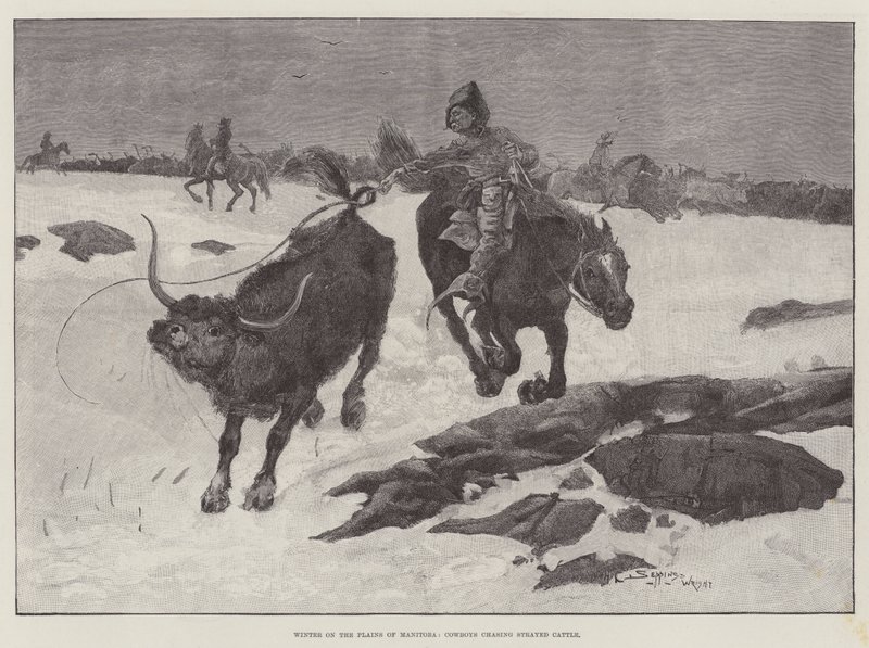 Talvi Manitoban tasangoilla, cowboyt jahtaamassa kulkukarjaa tekijältä Henry Charles Seppings Wright