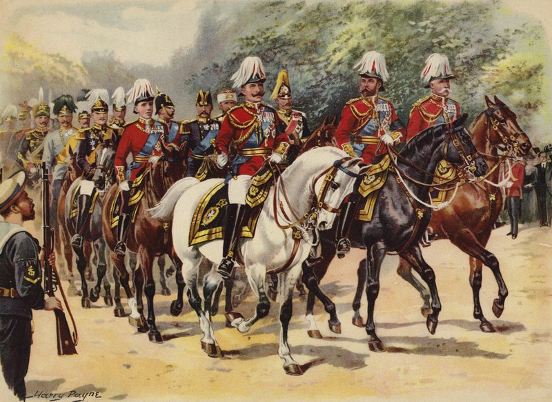Yhdeksän kuninkaan kulkue, kuningas Edward VII:n hautajaiset, 20. toukokuuta 1910 (chromolitho) tekijältä Henry Payne