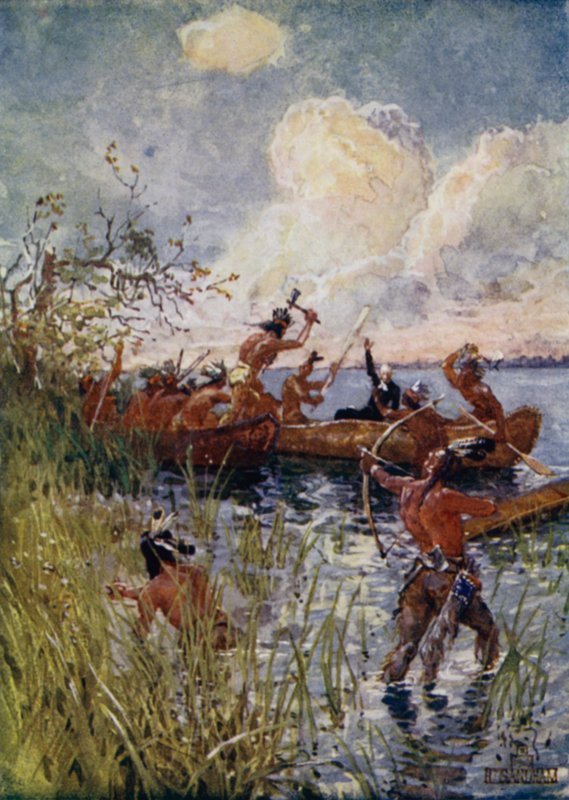 Irokeesit hyökkäävät ranskalaisen lähetyssaarnaajan Isaac Joguesin ja kristittyjen käännynnäisten kimppuun, 1642. tekijältä Henry Sandham