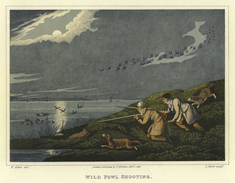Villilintujen ammunta (chromolitho) tekijältä Henry Thomas Alken