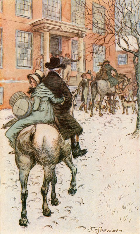 Saapuminen Punaiseen taloon (väri litho) tekijältä Hugh Thomson