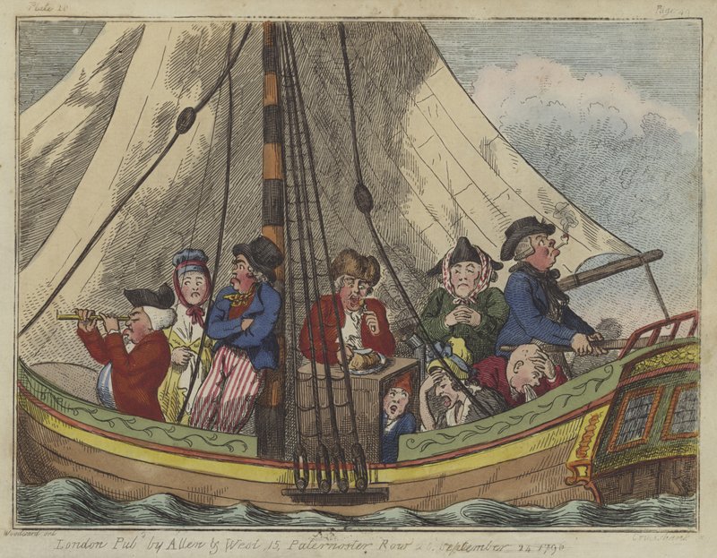 Merimatka, 1796 (värillinen etsaus) tekijältä Isaac Robert Cruikshank
