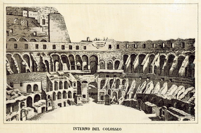 Rooma: Colosseumin sisätilat (litho) tekijältä Italian School