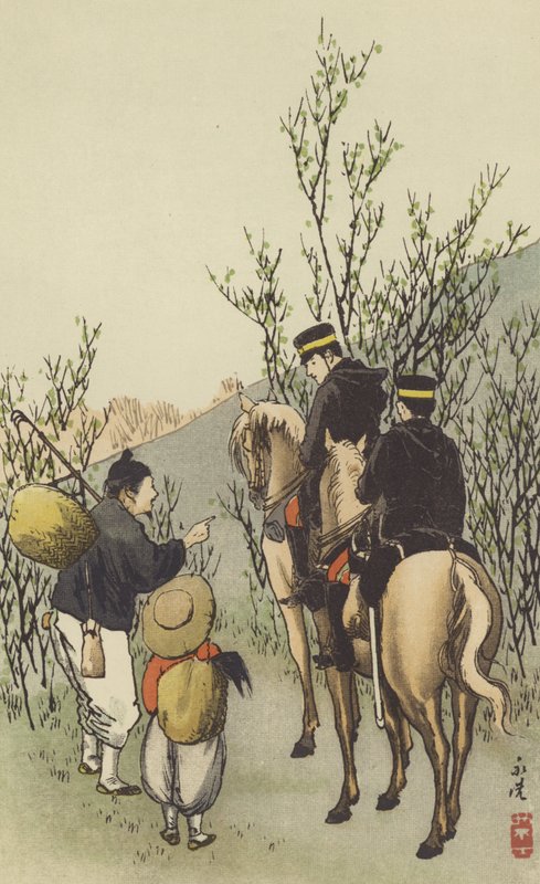 Japanilaiset ratsuväen partiolaiset (chromolitho) tekijältä Japanese School
