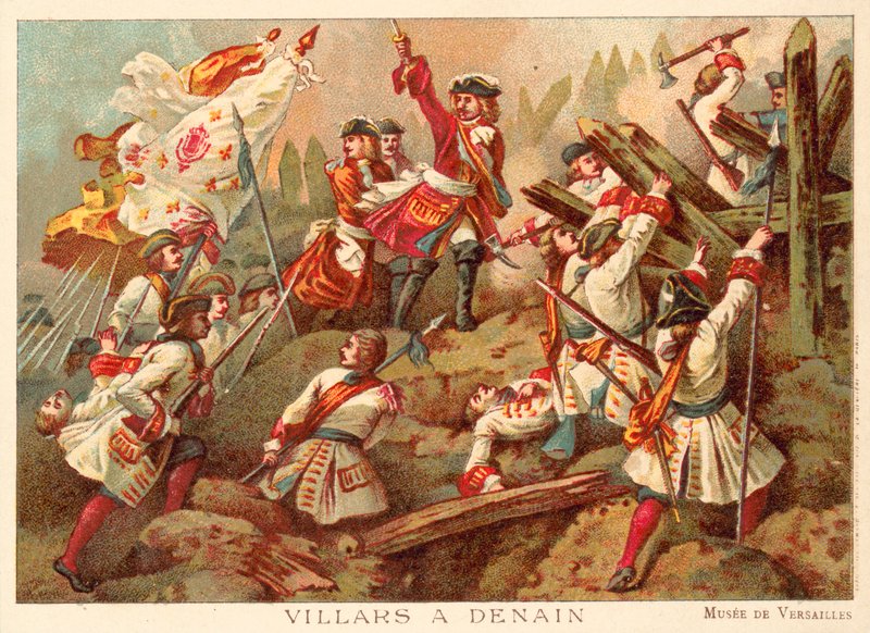 Marsalkka Villars Denainin taistelussa Ranskassa, 1712 (chromolitho) tekijältä Jean Alaux