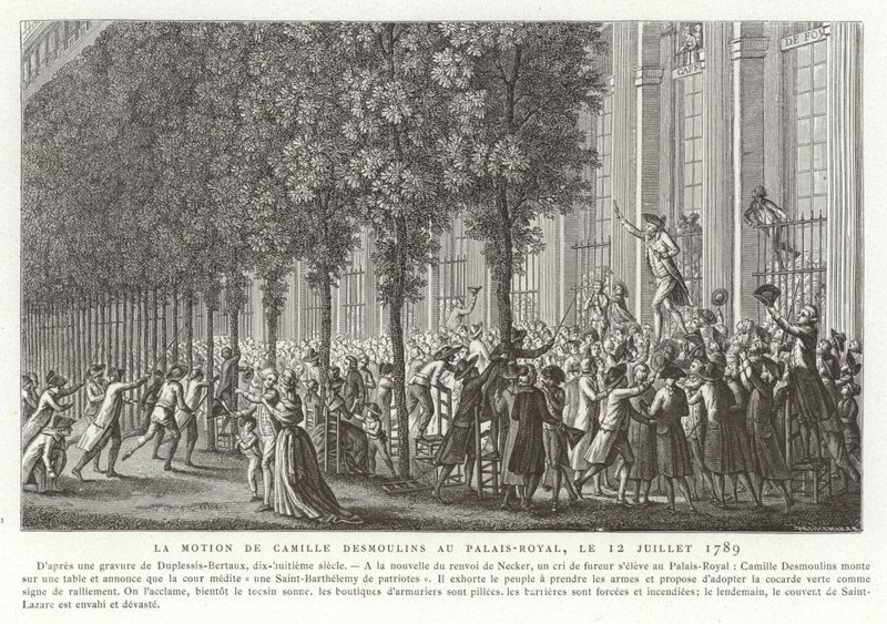 Camille Desmoulins esittää asekutsun Palais Royalin ulkopuolella, Pariisi, Ranskan vallankumous, 12. heinäkuuta 1789. tekijältä Jean Duplessis Bertaux