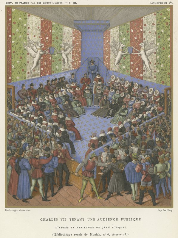 Kaarle VII pitää yleisön (chromolitho) tekijältä Jean Fouquet