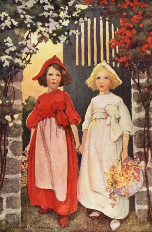 Lumikki ja ruusunpunainen (värilitra) tekijältä Jessie Willcox Smith