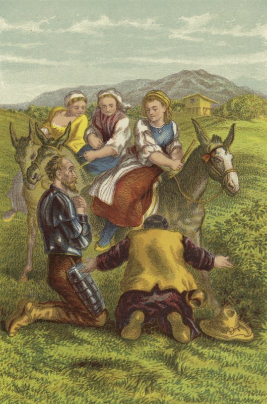 Don Quijote, Sancho ja maalaistytöt (chromolitho) tekijältä John Gilbert