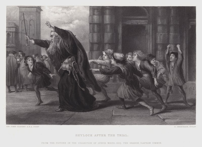 Shylock oikeudenkäynnin jälkeen (kaiverrus) tekijältä John (after) Gilbert