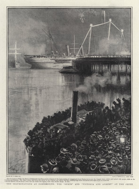 Valaistukset Portsmouthissa, Ophir ja Victoria and Albert laiturilla tekijältä Joseph Nash