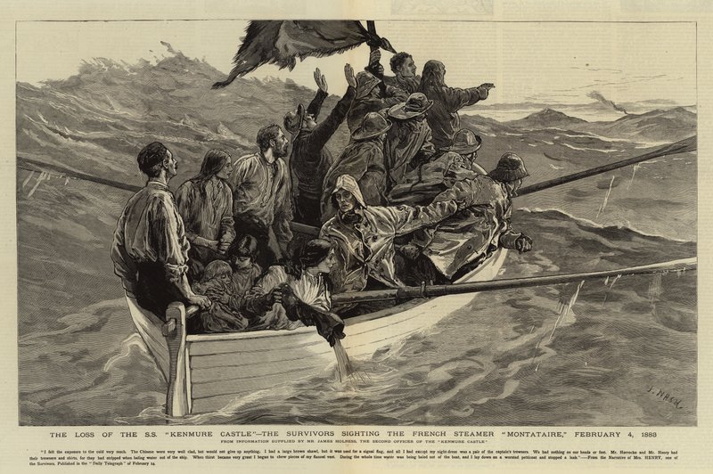 S.S. Kenmure Castle -aluksen menetys, eloonjääneet näkivät ranskalaisen höyrylaiva Montatairen, 4. helmikuuta 1883. tekijältä Joseph Nash
