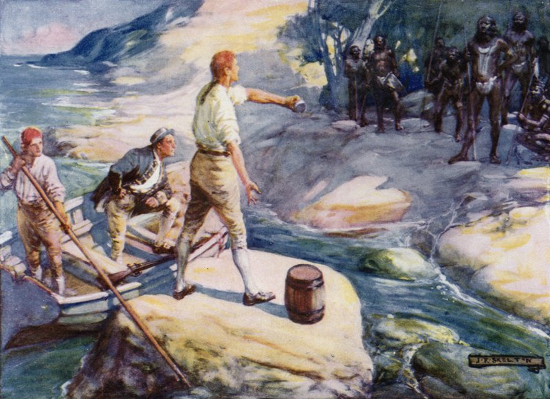 George Bass ja Matthew Flinders kohtaavat aboriginaalien ryhmän Australiassa 1790-luvulla tekijältä Joseph Ratcliffe Skelton