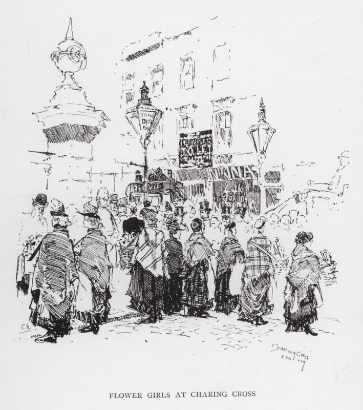 Kukkatytöt Charing Crossissa (litho) tekijältä Joseph (after) Pennell