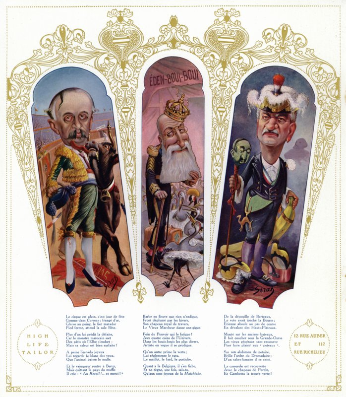 Karikatyyrit (värilitho) tekijältä Joseph Sirat