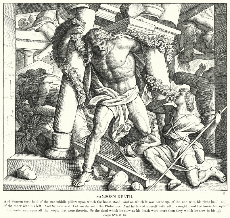 Simsonin kuolema (kaiverrus) tekijältä Julius (after) Schnorr von Carolsfeld