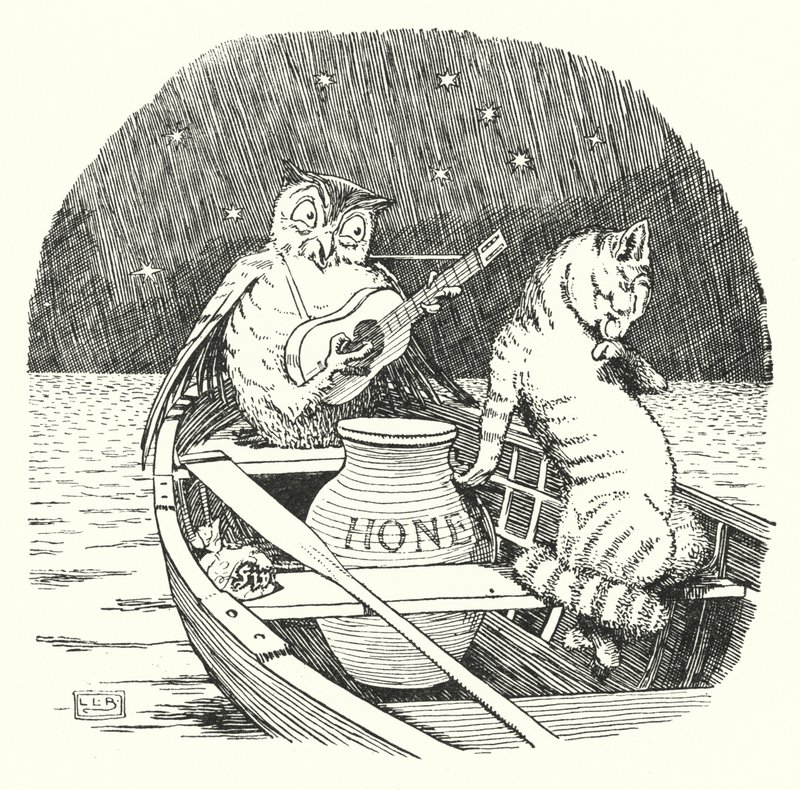 Pöllö ja pillu-kissa (litho) tekijältä Leonard Leslie Brooke