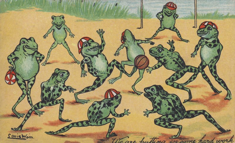 Sammakot pelaamassa jalkapalloa tekijältä Louis Wain