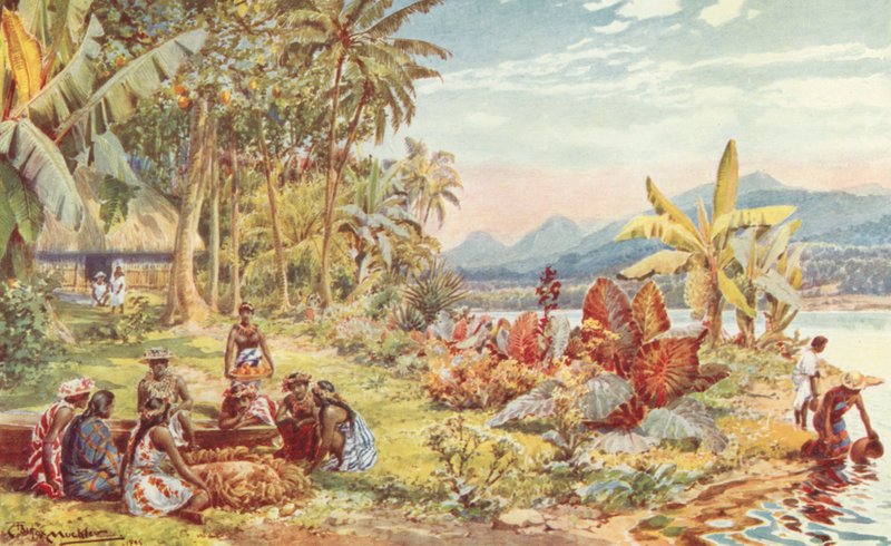 Kohtaus Tahitilla (värinen lito) tekijältä Louis Fairfax Muckley