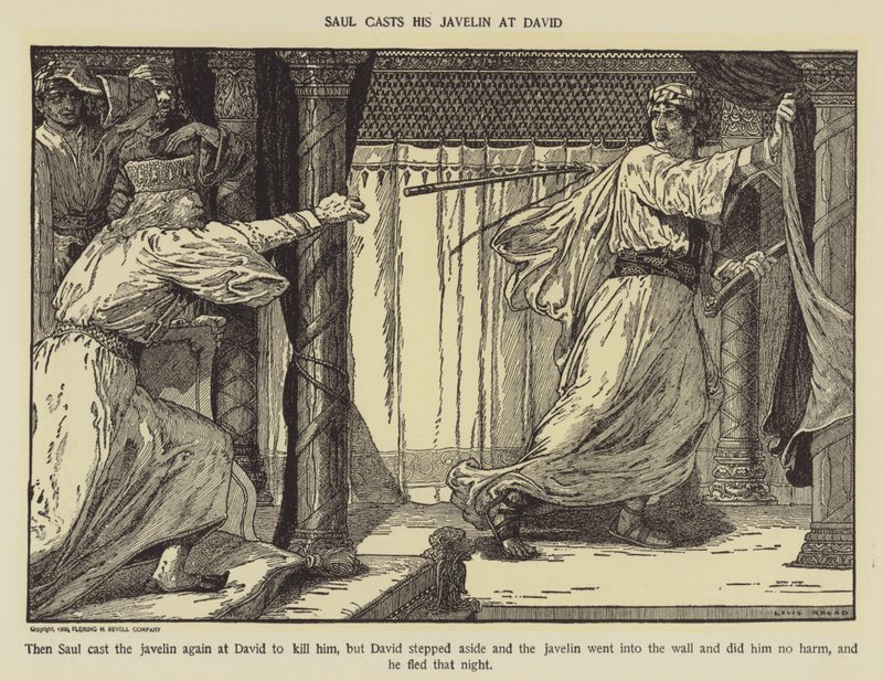 Saul heittää keihään Daavidia kohti tekijältä Louis John Rhead