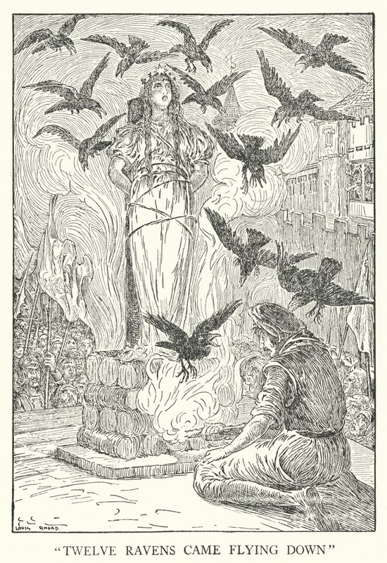 "Kaksitoista korppia lensi alas" (litho) tekijältä Louis John Rhead