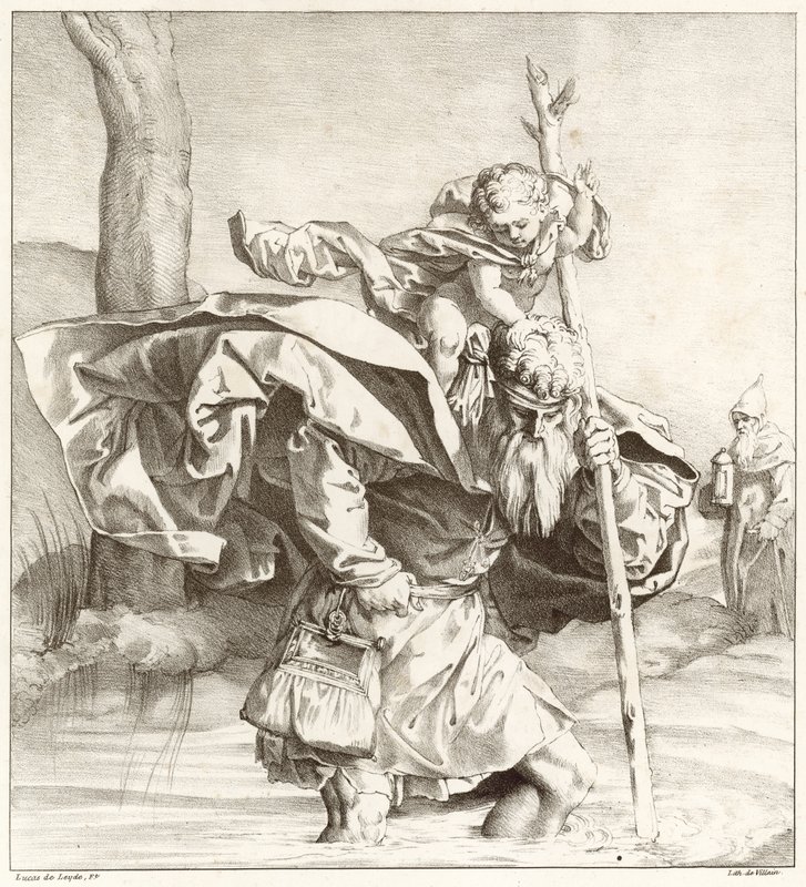 Pyhä Christopher kantamassa Kristus-lapsia tekijältä Lucas van Leyden