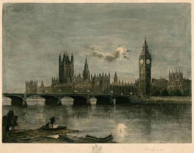 Westminster yöllä värillinen kaiverrus tekijältä Lucien Marcelin Gautier
