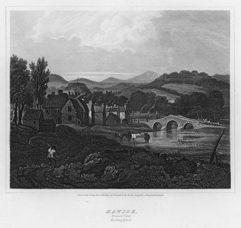 Hawick, Yleisnäkymä, Roxburghshire (kaiverrus) tekijältä Luke (after) Clennell