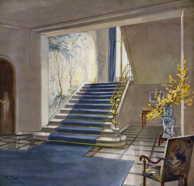 1930-luvun sisätilat: Portaikko (väri litho) tekijältä M. Stier
