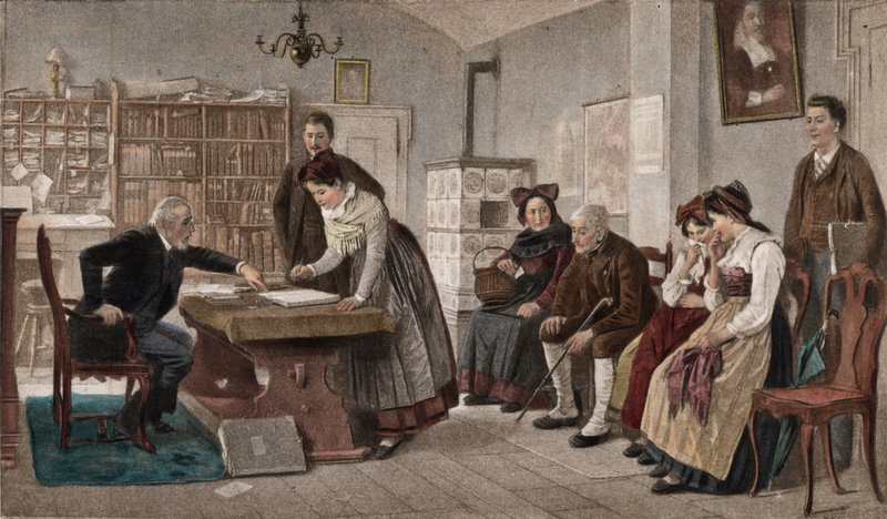 Avioliittosopimuksen allekirjoittaminen (väripaino) tekijältä Marc Louis Benjamin Vautier