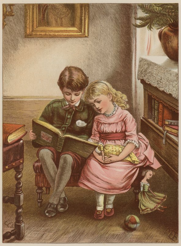 Poika ja tyttö lukevat kirjaa (chromolitho) tekijältä Mary Ellen Edwards