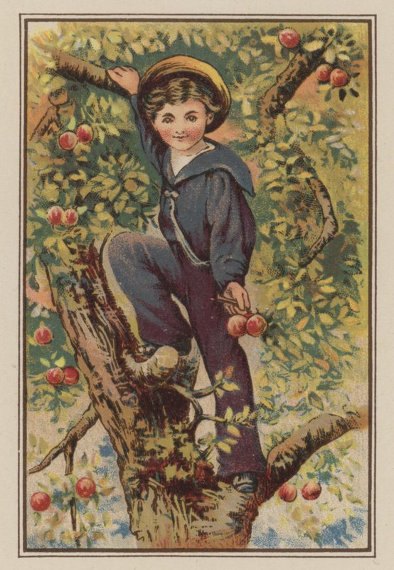 Poika kiipeämässä omenapuuhun (chromolitho) tekijältä Mary Ellen Edwards