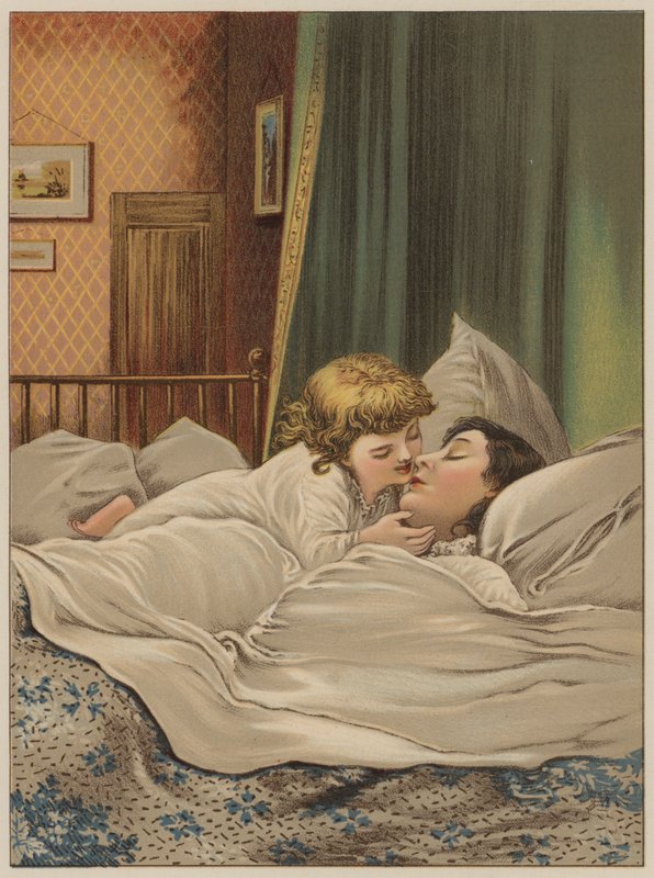 Lapsi sängyssä äidin kanssa (chromolitho) tekijältä Mary Ellen Edwards
