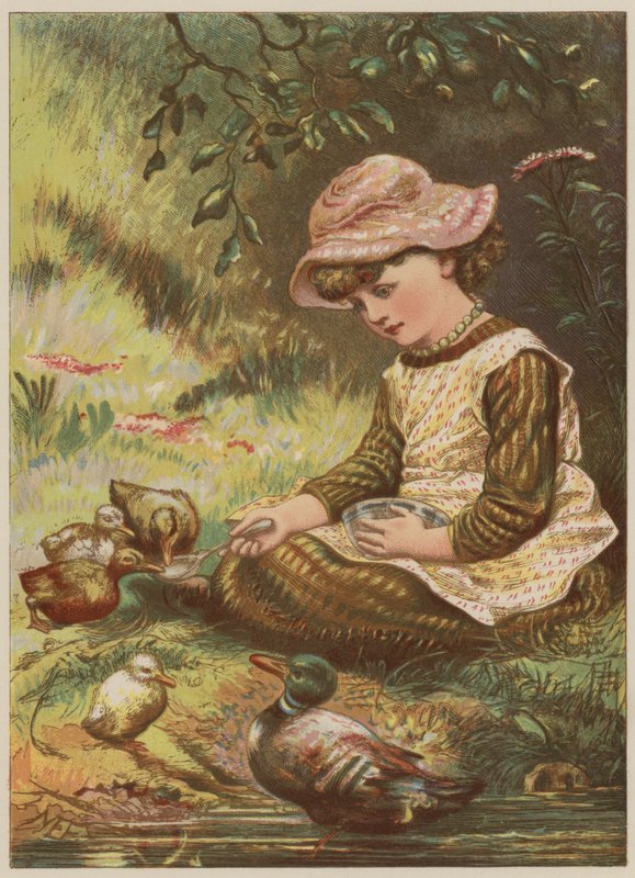 Tyttö ruokkii ankanpoikia (chromolitho) tekijältä Mary Ellen Edwards